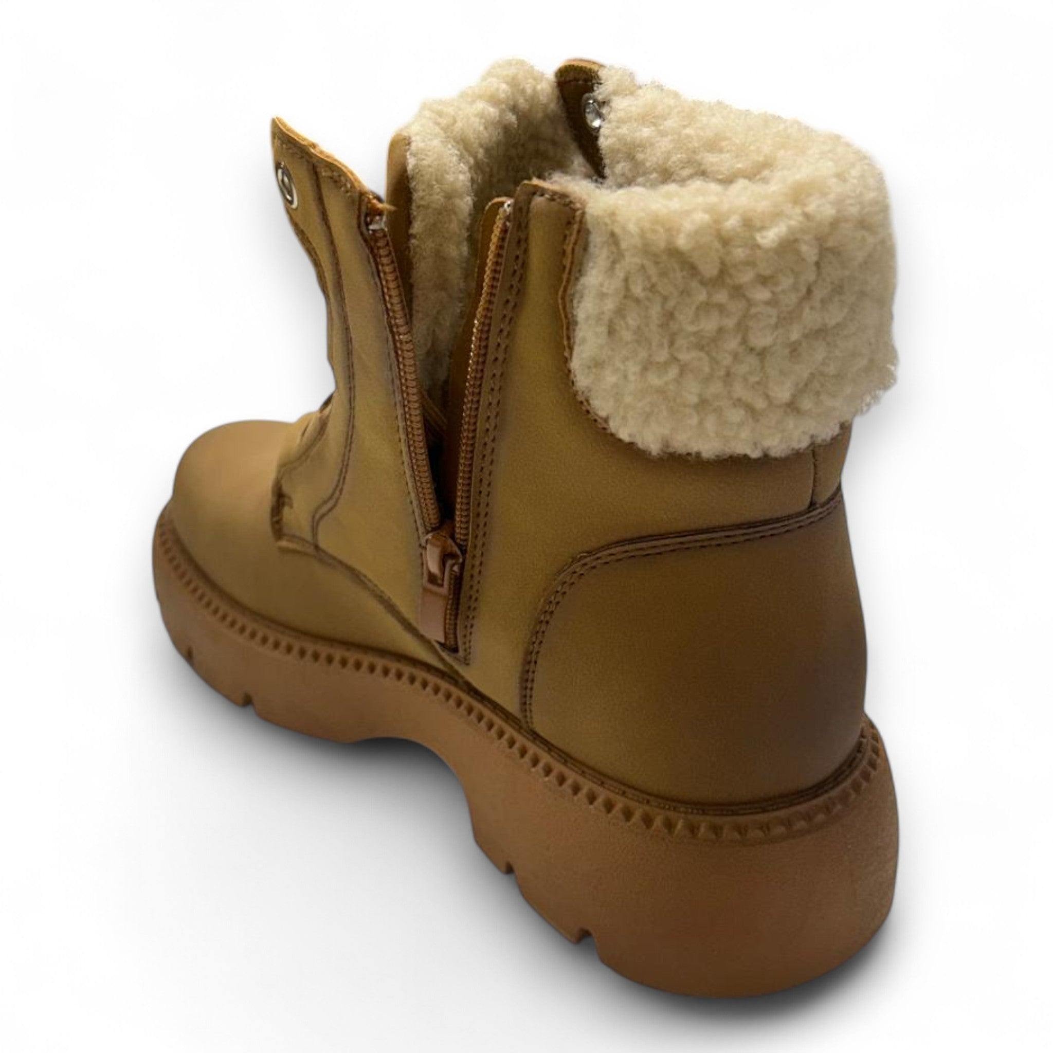 Ladies Tan fleece-lined ankle boots with side zip and warm faux fur collar – stylish winter boots for women.
